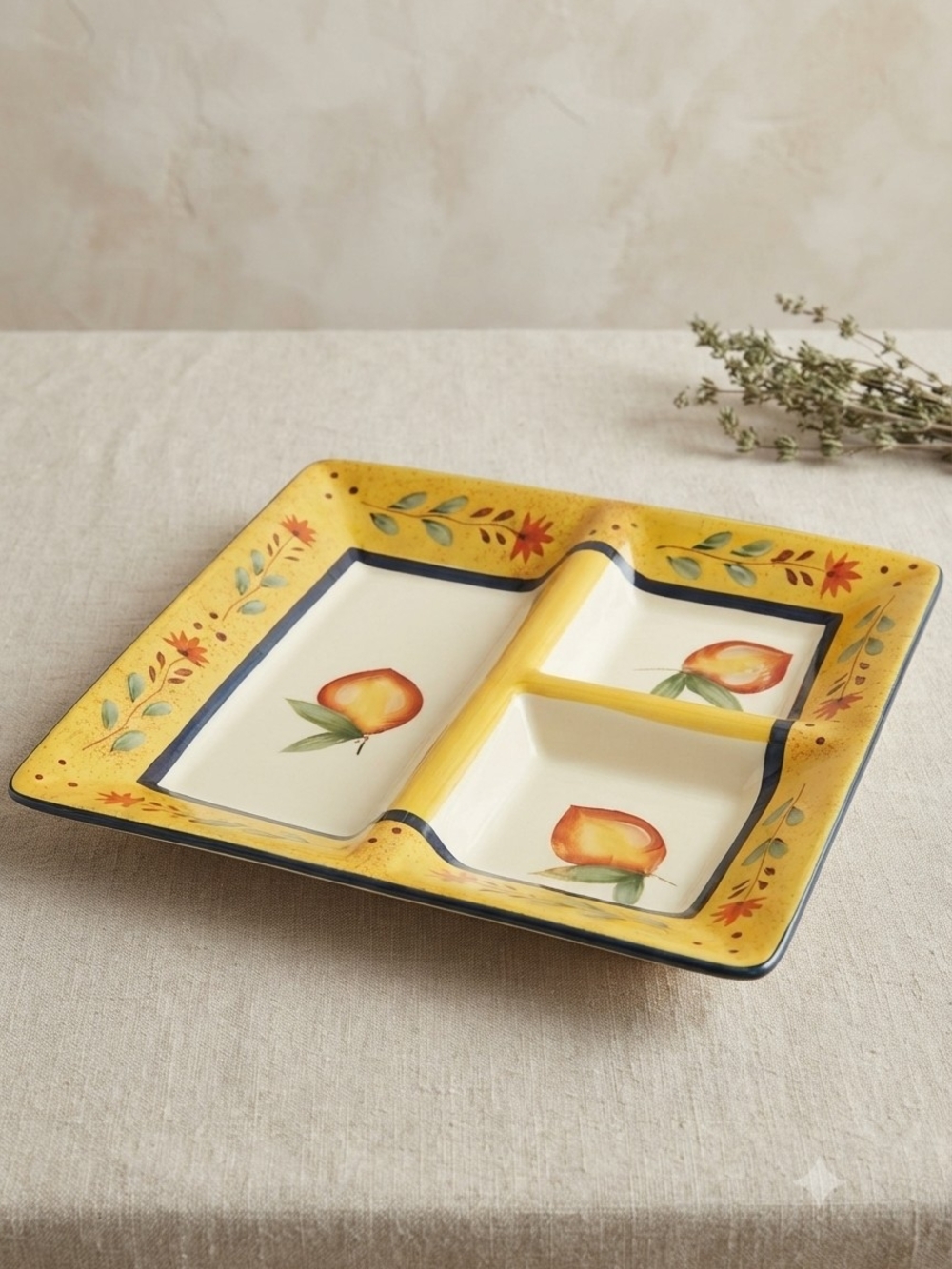 Liddy Tuscan Garden Divided Serving Tray - Hand Painted Ceramic Fruit Pattern